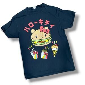 Sanrio Hello Kitty Graphic Tee Size MEDIUM HK Burgers and Fries on Black T-Shirt